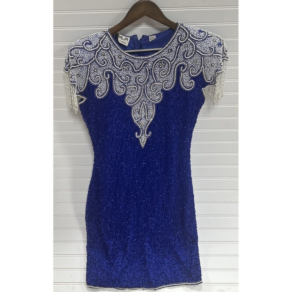 Vintage Scala 100% Silk Beaded Fringe Cocktail Dress Blue White Womens S
